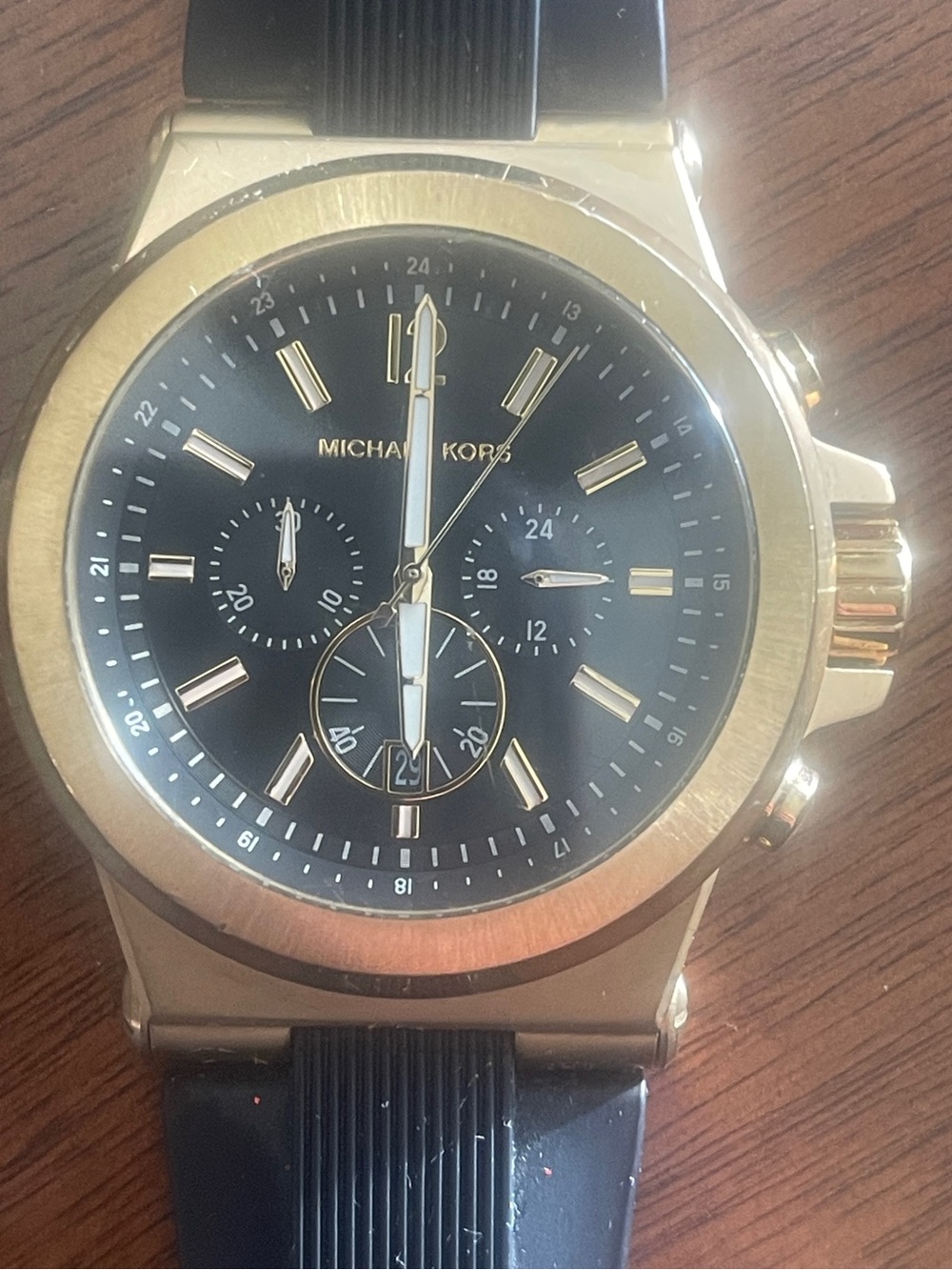 Michael Kors Gold-Tone Chronograph Watch with Black Dial and Black Strap